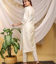 Cream-red color embroidered art silk kurti set 