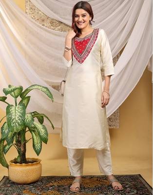 Cream-red color embroidered art silk kurti set  1