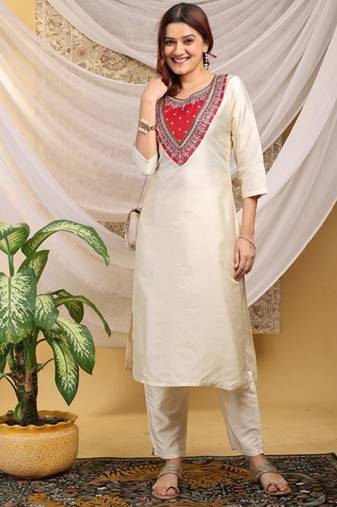 Cream-red color embroidered art silk kurti set 