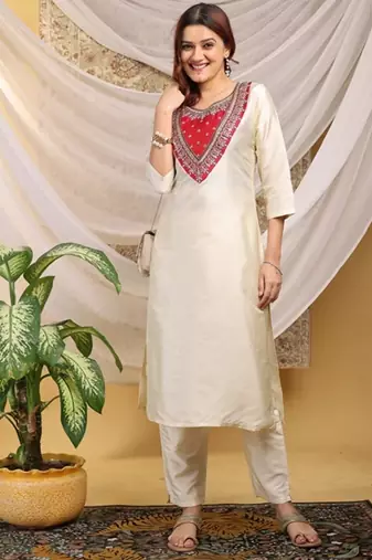 Cream-red color embroidered art silk kurti set 