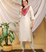 Cream-red color embroidered art silk kurti set 