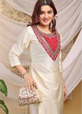 Cream-red color embroidered art silk kurti set  3