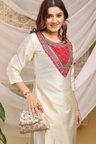 Cream-red color embroidered art silk kurti set 