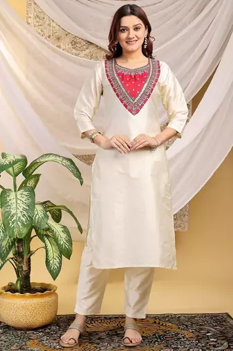 Cream-red color embroidered art silk kurti set 