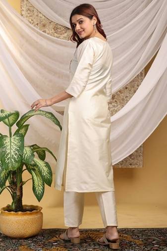 Cream-purple color embroidered art silk kurti set 