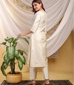 Cream-purple color embroidered art silk kurti set 