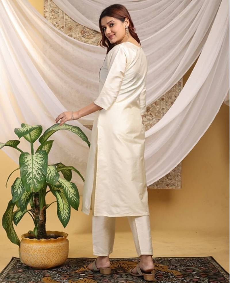 Cream-purple color embroidered art silk kurti set 
