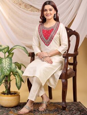 Cream-red color embroidered art silk kurti set  5