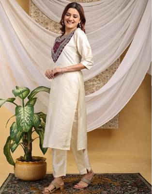 Cream-purple color embroidered art silk kurti set  2