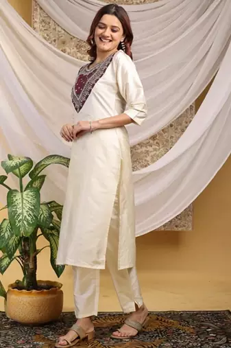 Cream-purple color embroidered art silk kurti set 