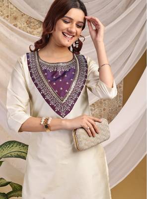 Cream-purple color embroidered art silk kurti set  3