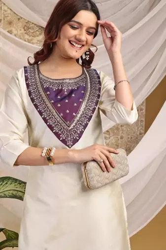 Cream-purple color embroidered art silk kurti set 