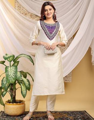 Cream-purple color embroidered art silk kurti set  4