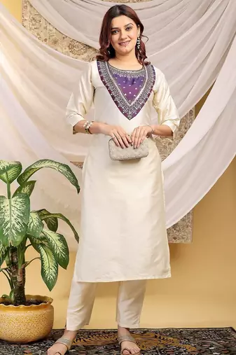 Cream-purple color embroidered art silk kurti set 