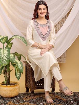 Cream-peach color embroidered art silk kurti set  2