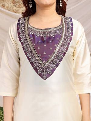 Cream-purple color embroidered art silk kurti set  5
