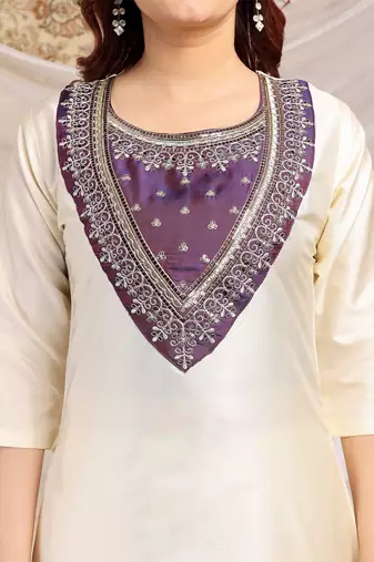 Cream-purple color embroidered art silk kurti set 