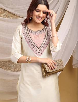 Cream-peach color embroidered art silk kurti set  3