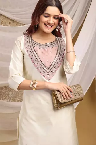 Cream-peach color embroidered art silk kurti set 