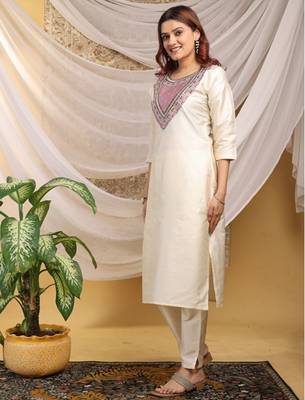 Cream-peach color embroidered art silk kurti set  4