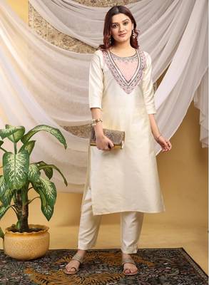 Cream-peach color embroidered art silk kurti set  5
