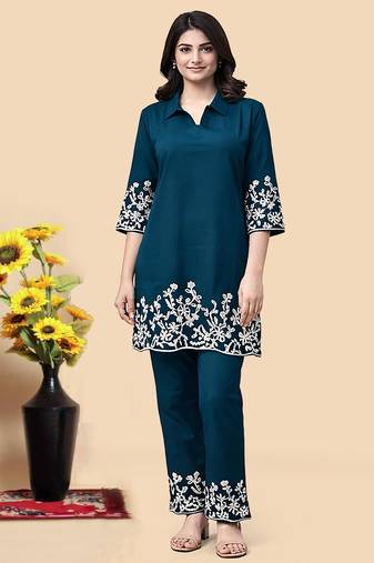 Teal blue color embroidered cotton slub cord set