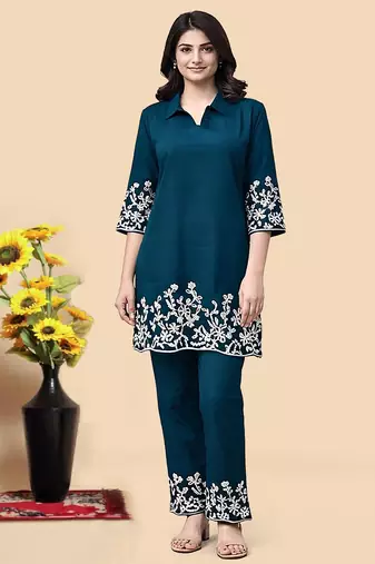 Teal blue color embroidered cotton slub cord set