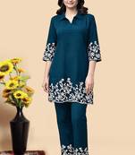 Teal blue color embroidered cotton slub cord set