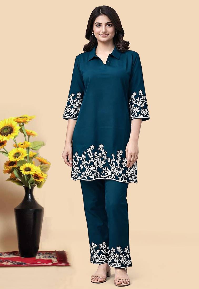 Teal blue color embroidered cotton slub cord set