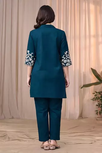 Teal blue color embroidered cotton slub cord set