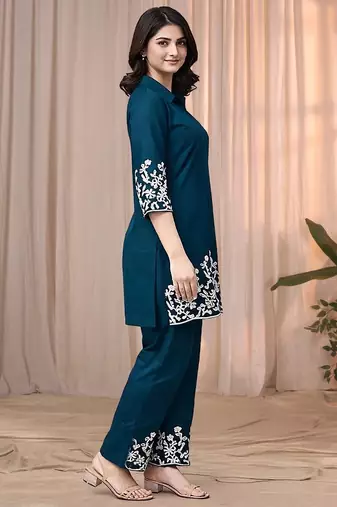 Teal blue color embroidered cotton slub cord set