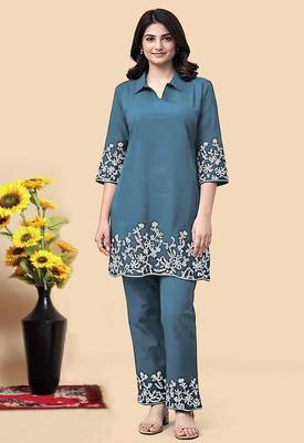 Aqua blue color embroidered cotton slub cord set 1