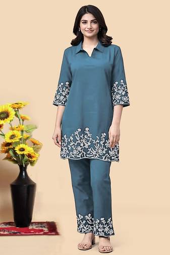 Aqua blue color embroidered cotton slub cord set