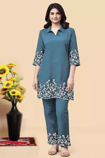 Aqua blue color embroidered cotton slub cord set