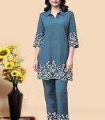 Aqua blue color embroidered cotton slub cord set
