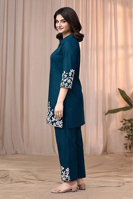 Teal blue color embroidered cotton slub cord set 4