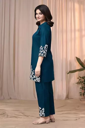 Teal blue color embroidered cotton slub cord set
