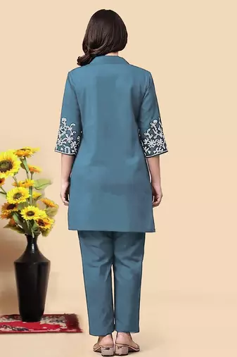 Aqua blue color embroidered cotton slub cord set