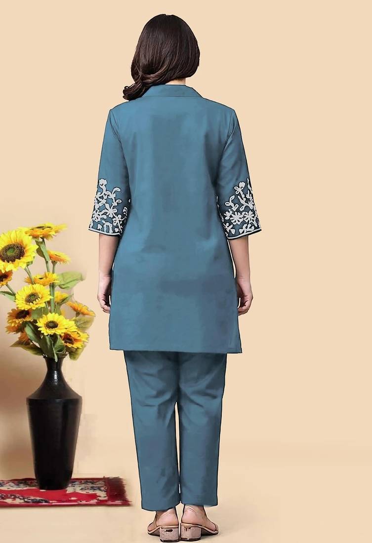 Aqua blue color embroidered cotton slub cord set