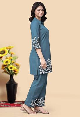 Aqua blue color embroidered cotton slub cord set 3
