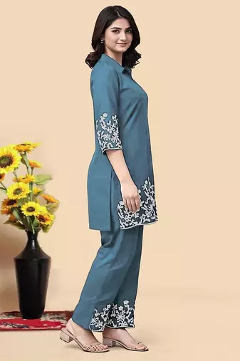 Aqua blue color embroidered cotton slub cord set