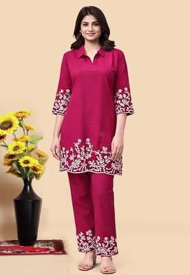 Rani pink color embroidered cotton slub cord set 1