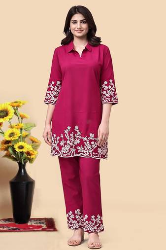 Rani pink color embroidered cotton slub cord set