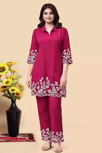 Rani pink color embroidered cotton slub cord set