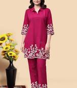 Rani pink color embroidered cotton slub cord set