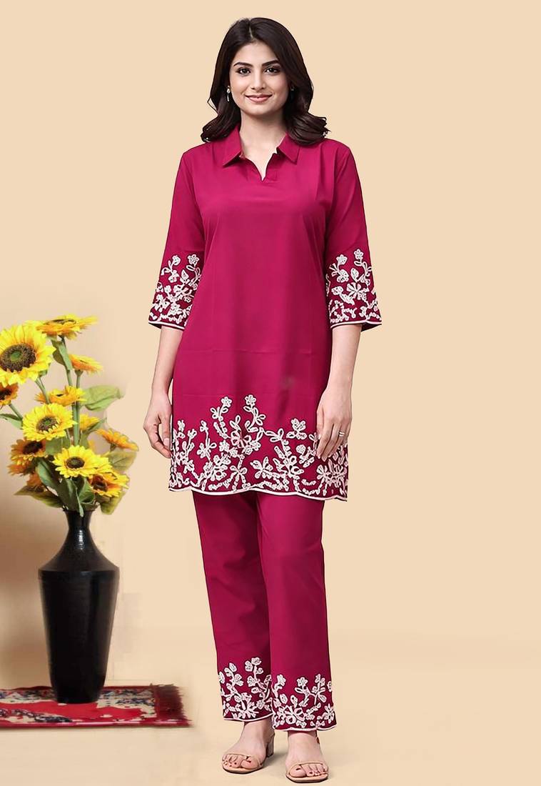 Rani pink color embroidered cotton slub cord set