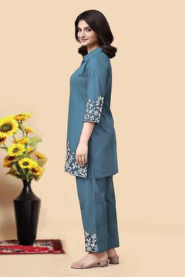 Aqua blue color embroidered cotton slub cord set 4