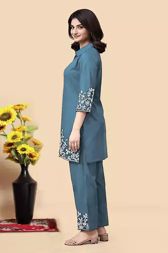 Aqua blue color embroidered cotton slub cord set