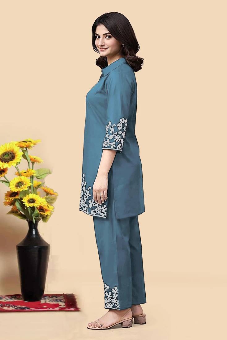 Aqua blue color embroidered cotton slub cord set