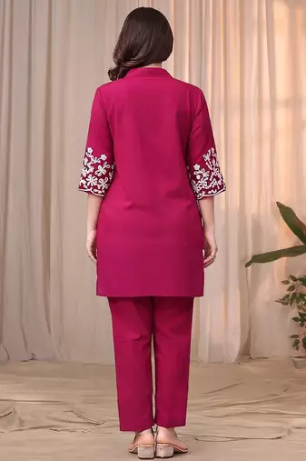 Rani pink color embroidered cotton slub cord set